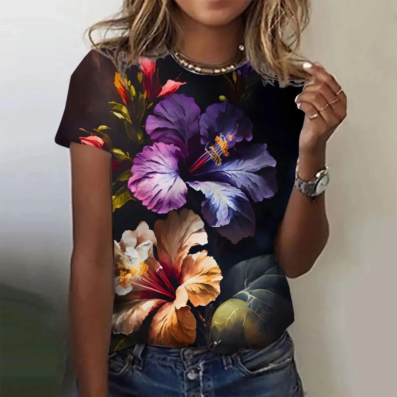 Women's T-Shirt Summer Short Sleeve Casual The Beautiful Flowers Print Top Funny Pattern Pullover Shirts