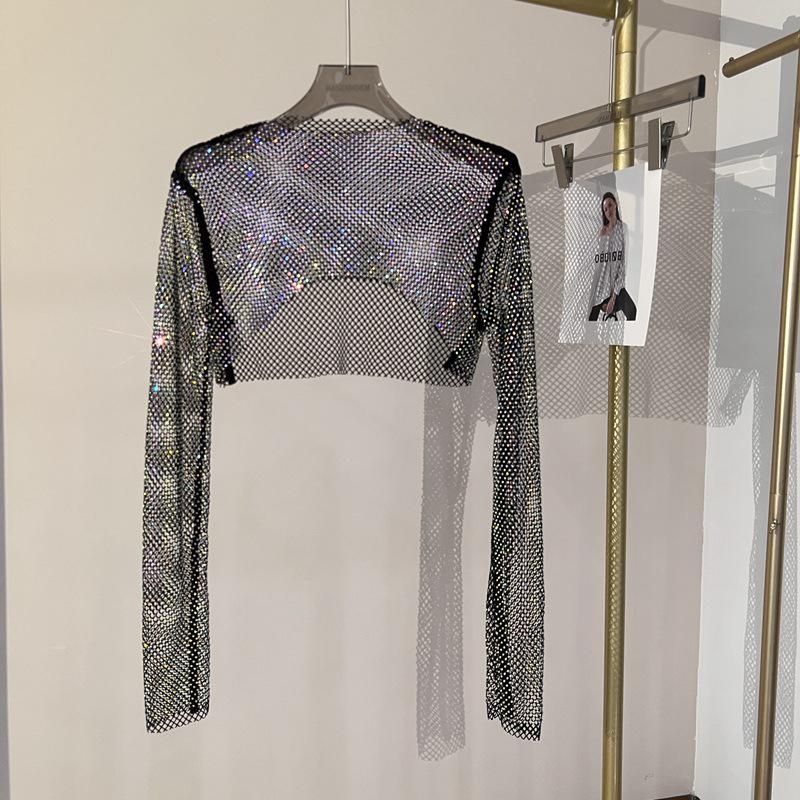 Sparkling Mesh Diamond Sun Protection Long Sleeve Party Top