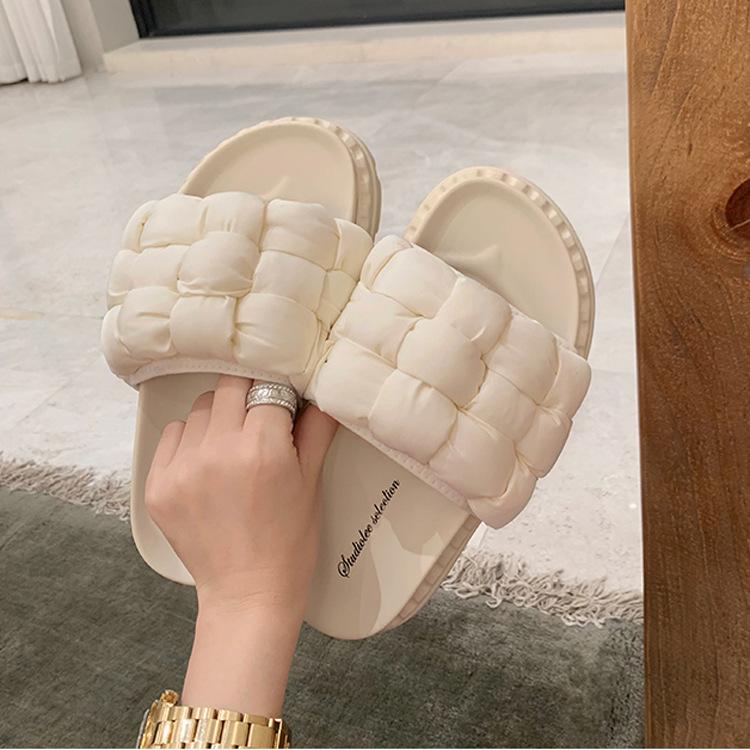 

Пляжные шлепанцы из натуральной кожи 2025 лето плетеные ощущение наступания на дерьмо сандалии на одном слове мягкая подошва платформа хлебные шлепанцы женская уличная обувь 40