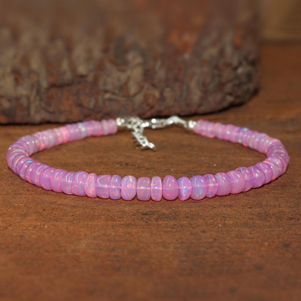 Pink Opal Smooth Beads Bracelet for Women, Ethiopian Opal Beads Handmade Bracelet, October Birthstone Beaded Bracelet, Gift for Her