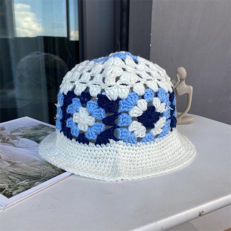 ins Hyunya wind hollow crochet color matching knitted hat female autumn and winter versatile girl show face small wool hat