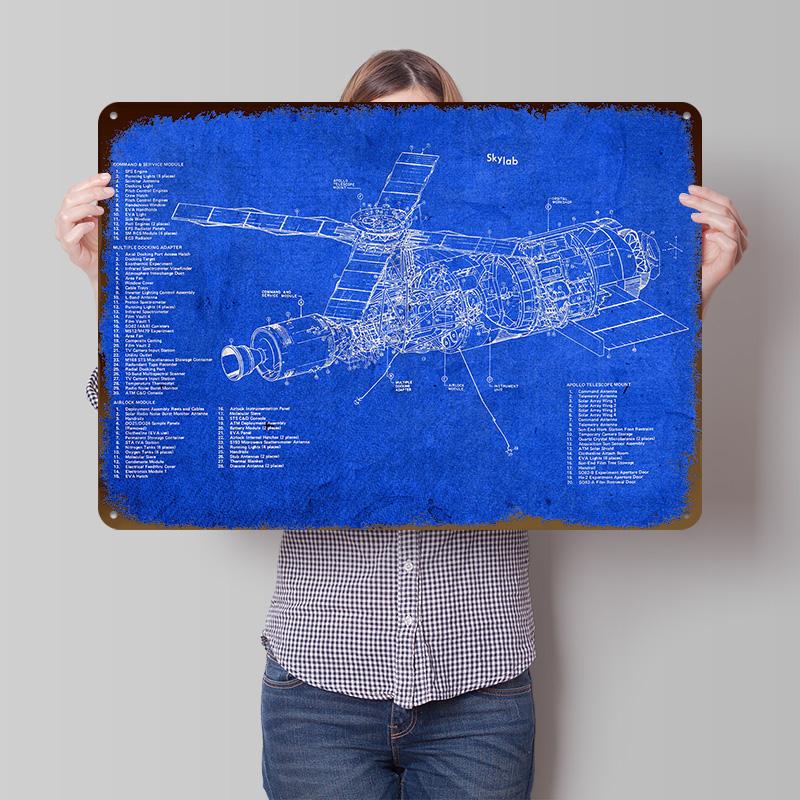 NASA Skylab Blueprints Metal Poster Customized Wall Art Retro Vintage Tinplate Signs for Home Decor Living Room House Wand Deko