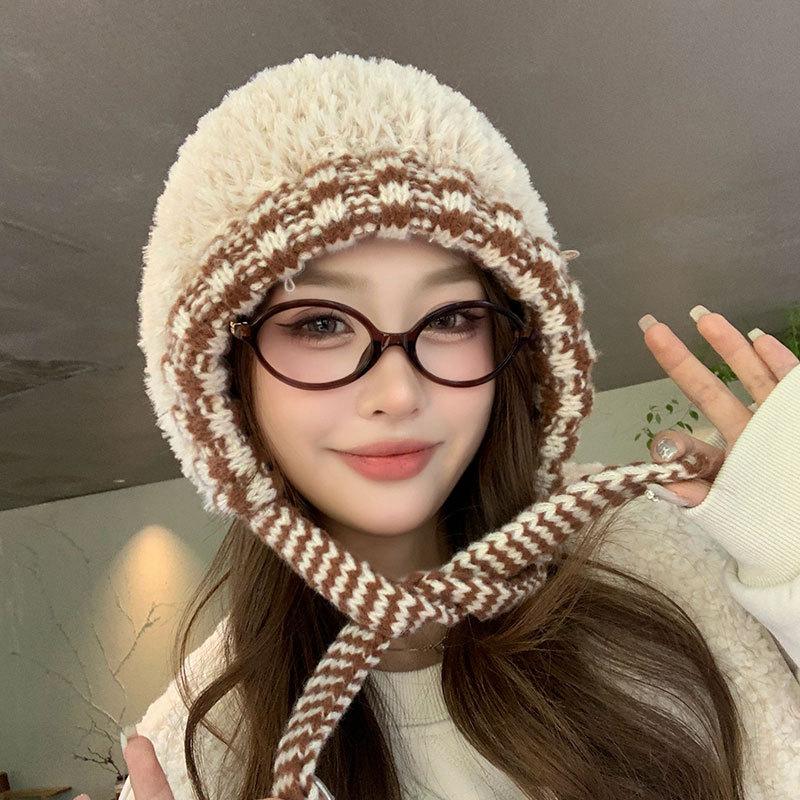 

Wool hat women s winter velvet warm cute knitted hat color matching fashion versatile ear protection cycling hat M（56-58cm） бежевий
