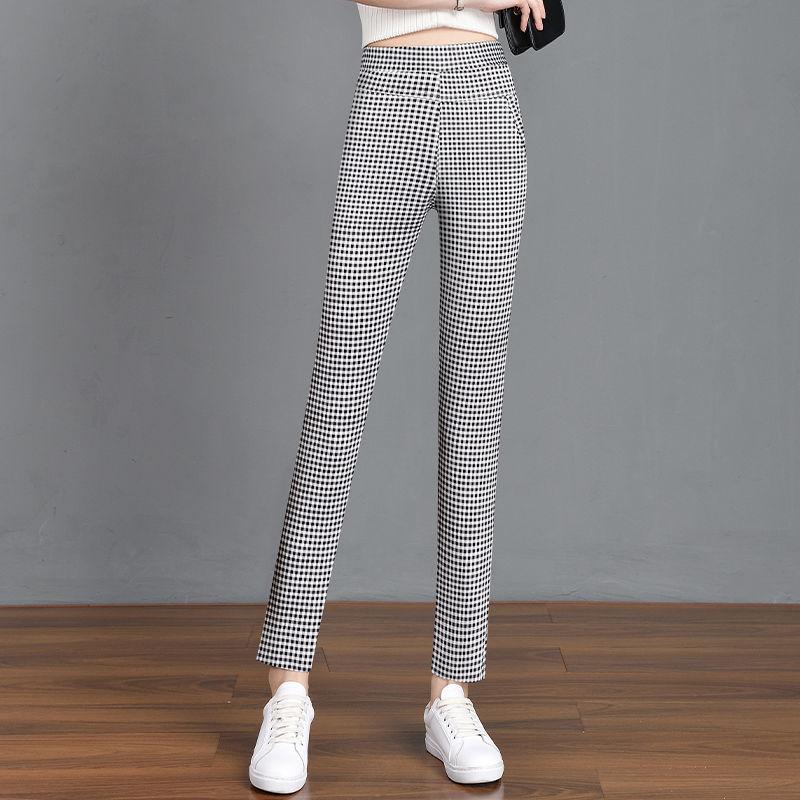 Korean Fashion Women Clothing Pencil Pants Spring Summer Casual Black White Plaid New Elastic High Waist Slim Straight Trousers