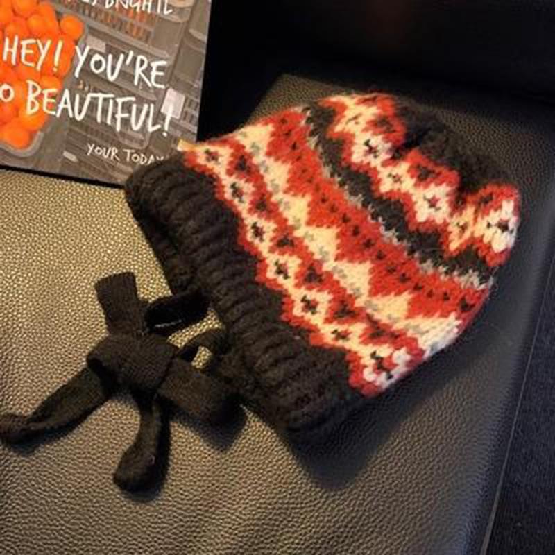Maillard Dopamine Contrasting Wool Hat Retro Fair Island Style Knitted Hat Ear Protector Warm Bag Hat Winter