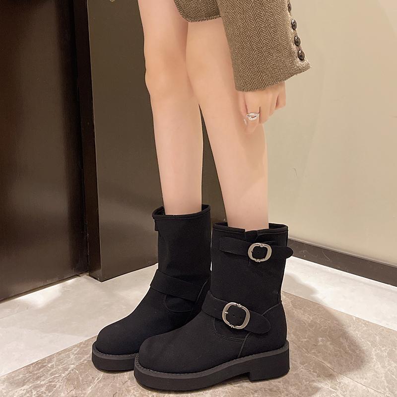 

Женская обувь, распродажа, женские сапоги до середины икры, ретро-современные сапоги, женские туфли с пряжкой на ремне и круглым носком, на низком каблуке 39