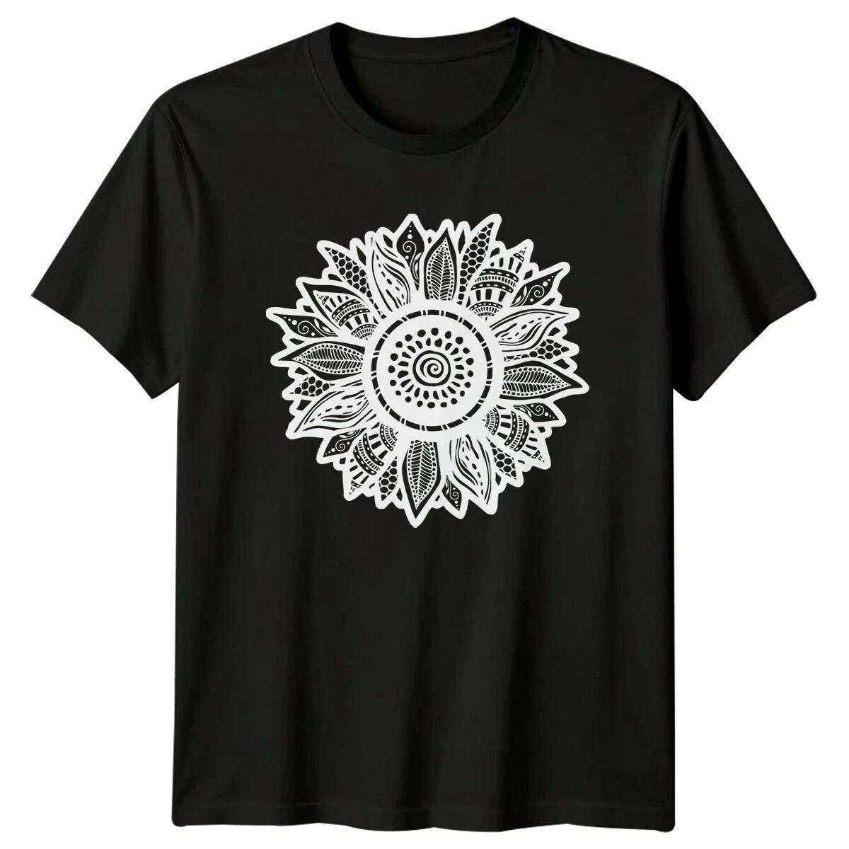 Ornate Sunflower T-Shirt, Floral Nature Tee, Detailed Graphic Design L