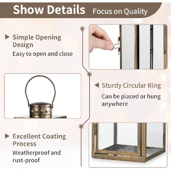 NUPTIO Vintage Lanterns Decorative Indoor: 9.5 inches Tall Hanging Farmhouse Metal Lantern Decor with Glass - Gold Distressed Candle Holder for