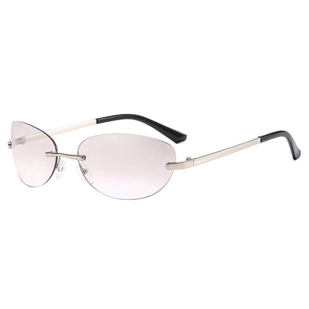 Retro Oval Rimless Sunglasses Wrap Around UV400 2000's Sun Glasses Y2K Futuristic Eyewear for Women & Men
