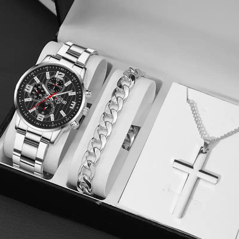 3 teile/satz, 1 pc Mode herren Kalender Casual Edelstahl Quarz Uhr & 1 pc Armband & 1 pc Halskette, männer Geschenke