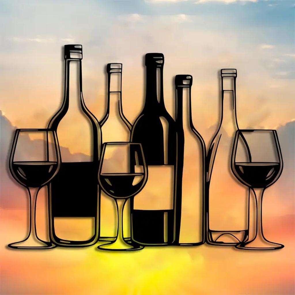 Metal Wine Glass Wall Art Hanging Decoration for Restaurant Bar Creative Wall Mounted Wine Bottle and Glass Design Metal Sculpture