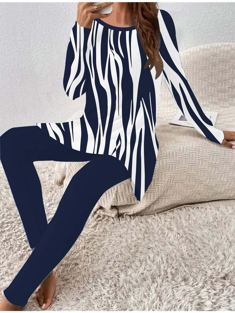 Moda Euroamerykańska Damski Zestaw Dwuczęściowy Koszulka z Długim Rękawem Czterosezonowa z Nadrukiem Geometrii 3D + Długie Spodnie. Idealny prezent na Nowy Rok i Boże Narodzenie