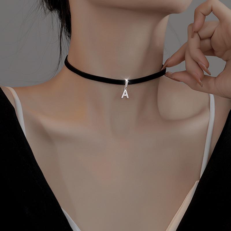 2025 Niche Design Sparkling Diamond Black Neck Strap - Women s Light Luxury Accessory Sparkling Diamond Black Neck Strap (Letter A)