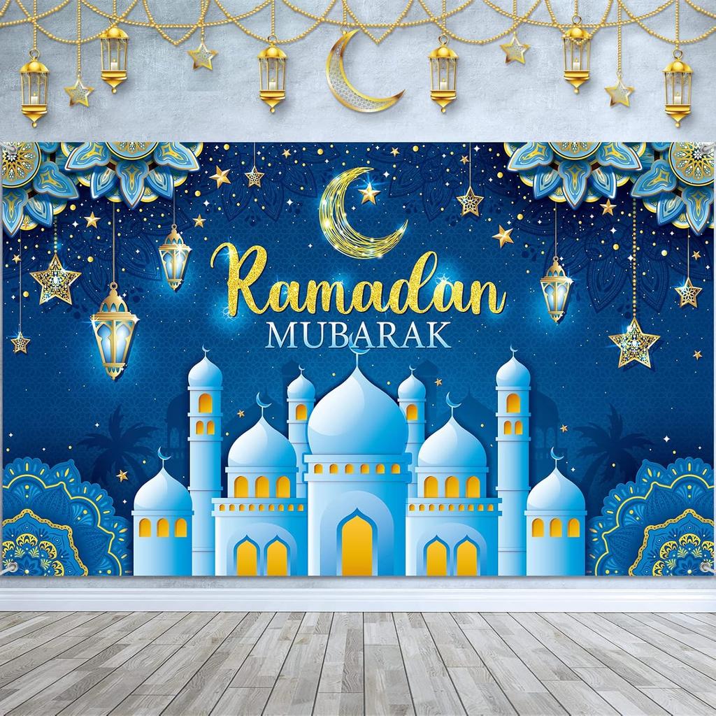 VIKAMA Ramadan Mubarak Tapestry Gold Mosque Lanterns Decorative Wall Art for Bedroom Living Room Aesthetic Festive Home Decor