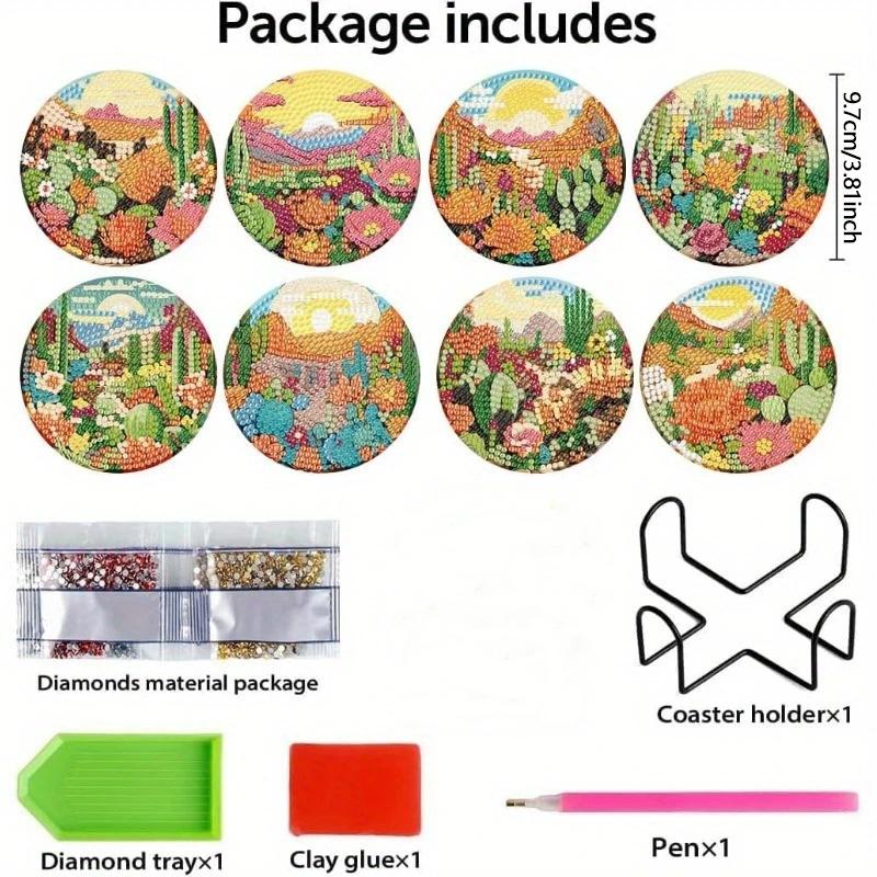 8 Pieces/set of Diamond Painted Cactus Patterned Coasters, DIY Coasters with Holder, Suitable for Beginners and Adults, Art and Craft Supplies Gifts