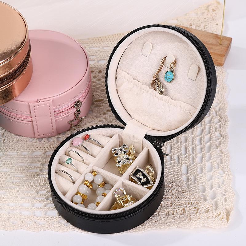 Round PU Jewelry Box: Portable Multi-functional Storage for Necklaces, Earrings, and Rings