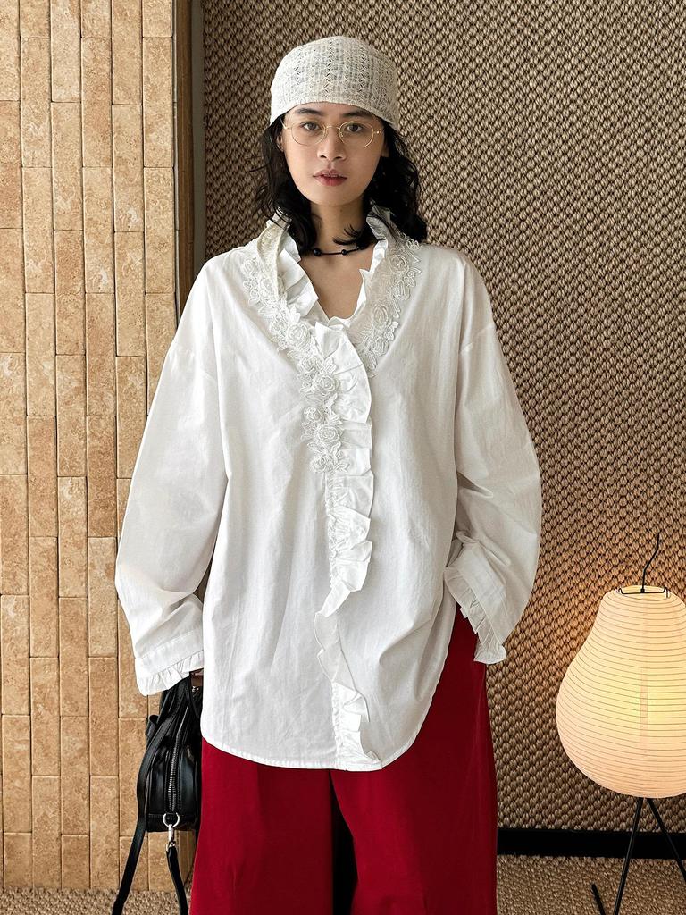 Spring Arrival Women's Beaded Rose Lace Patchwork Shirt