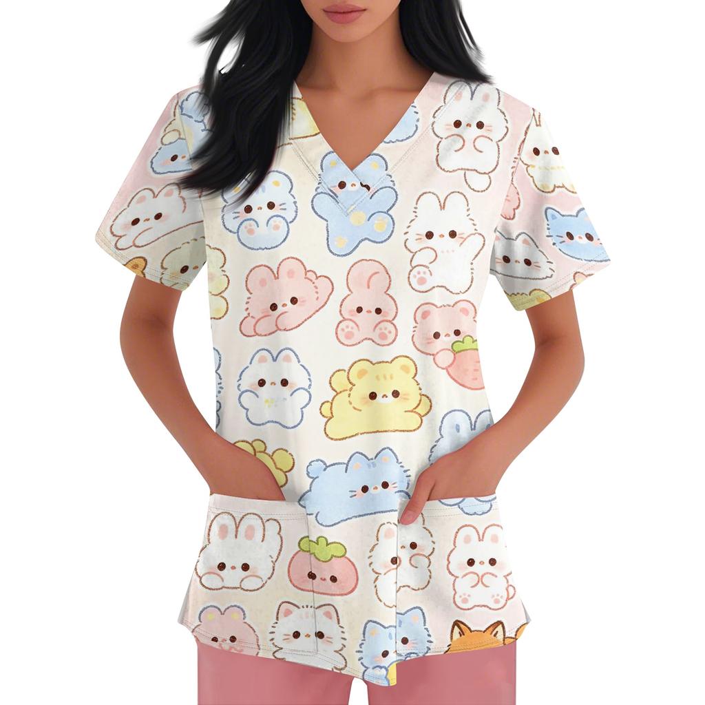 Women's V Neck Short Sleeve Work Top with Pockets Animal Print Medical Scrub Shirt for Healthcare Professionals Comfortable Fit