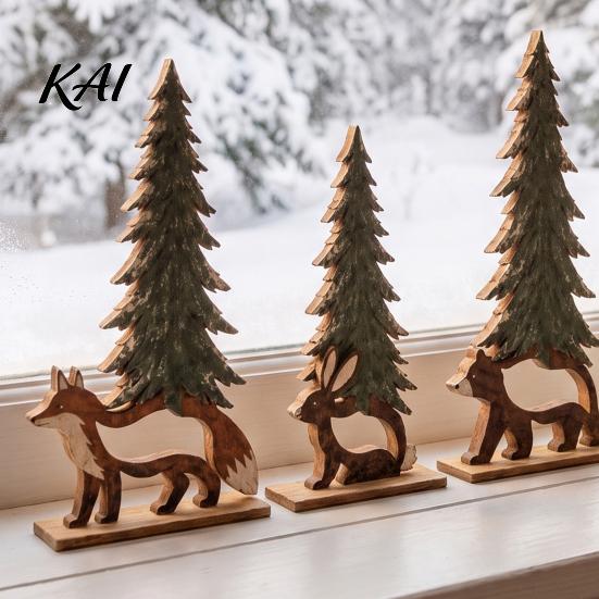 Elegant Handcrafted Wood Art 4Pcs Wooden Animal and Pine Ornaments, Fox Rabbit Bear Hedgehog Christmas Ornaments Figurine, Rustic Woodland Themed