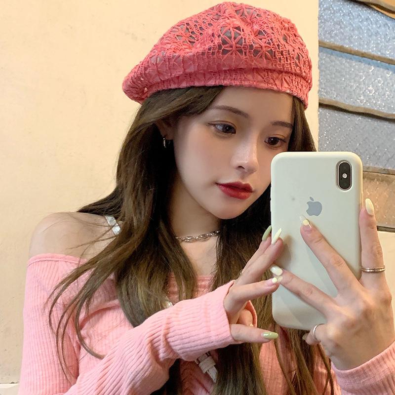 

Женская шляпа, милый полый дышащий кружевной берет, летняя тонкая дышащая повседневная модная шляпа художника, тенденция