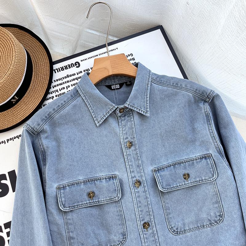 Unisex Washed Denim Long-Sleeve Loose Shirt, Casual Spring/Autumn Outerwear