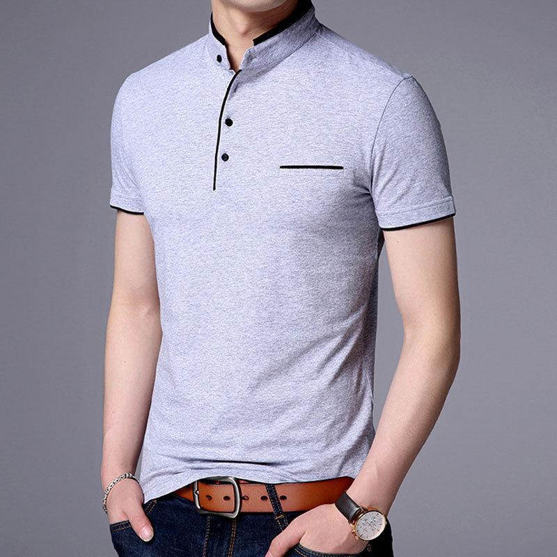 Mens Stand Collar Short Sleeve Slim Fit Big Size Solid Casual T Shirt