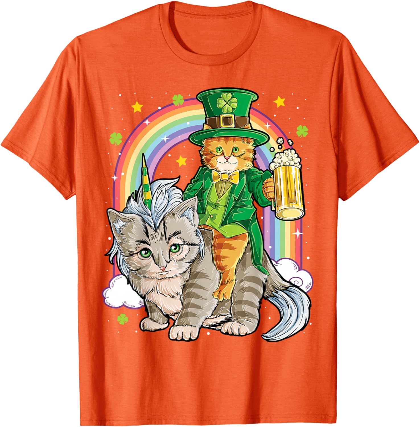 Leprechaun Cat Riding  Rainbow Beer St Patricks Day Graphic Tee Unisex Casual Trip 4XL