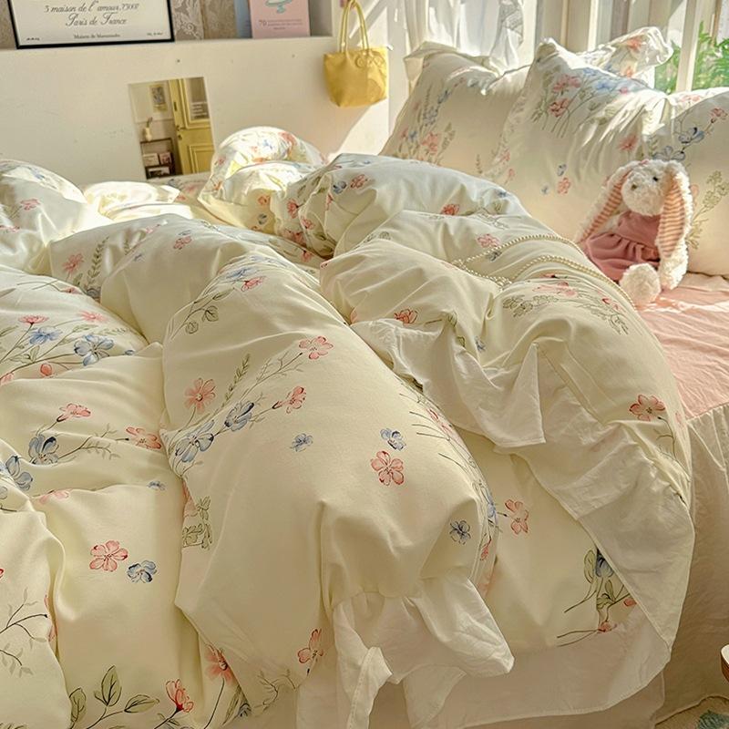 Small Fresh Pure Cotton Four-piece Set Lace Korean Version Princess Style Washed Cotton Bed Skirt Quilt Cover Cream Style Bedding
