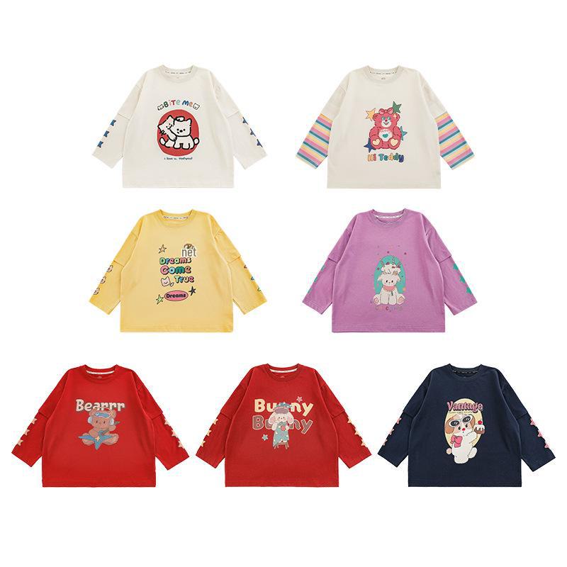 Wulibu Girls' Cartoon Print Faux Two-Piece Ribbed T-Shirt - Cute, Casual Spring 2025 Trend.