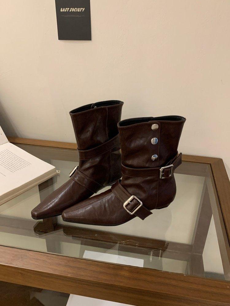 Vintage Maillard Wedge Heel Short Boots Women s Low Heel Belt Buckle Skinny Western Cowboy Boots Medium Boots 42 коричневый 4190₽