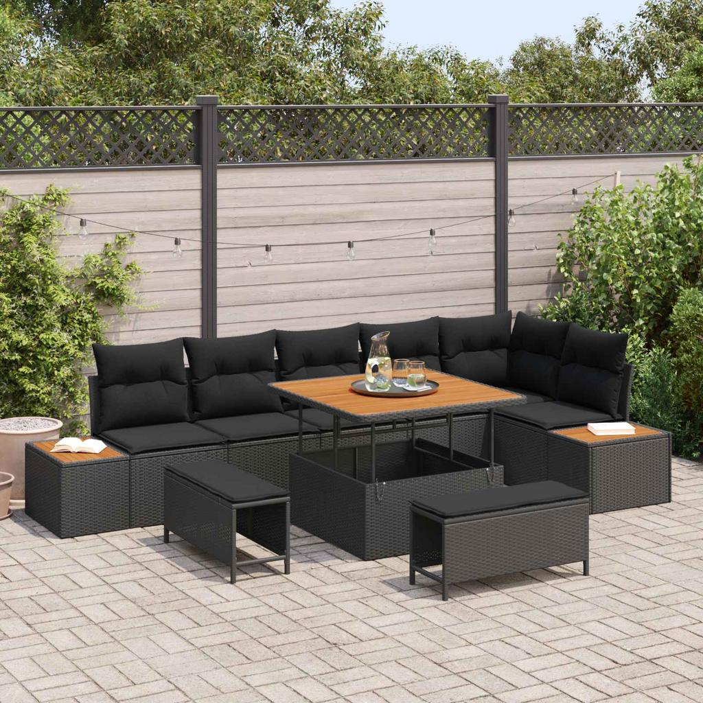 9 Piece Garden Sofa Set with Cushions Black