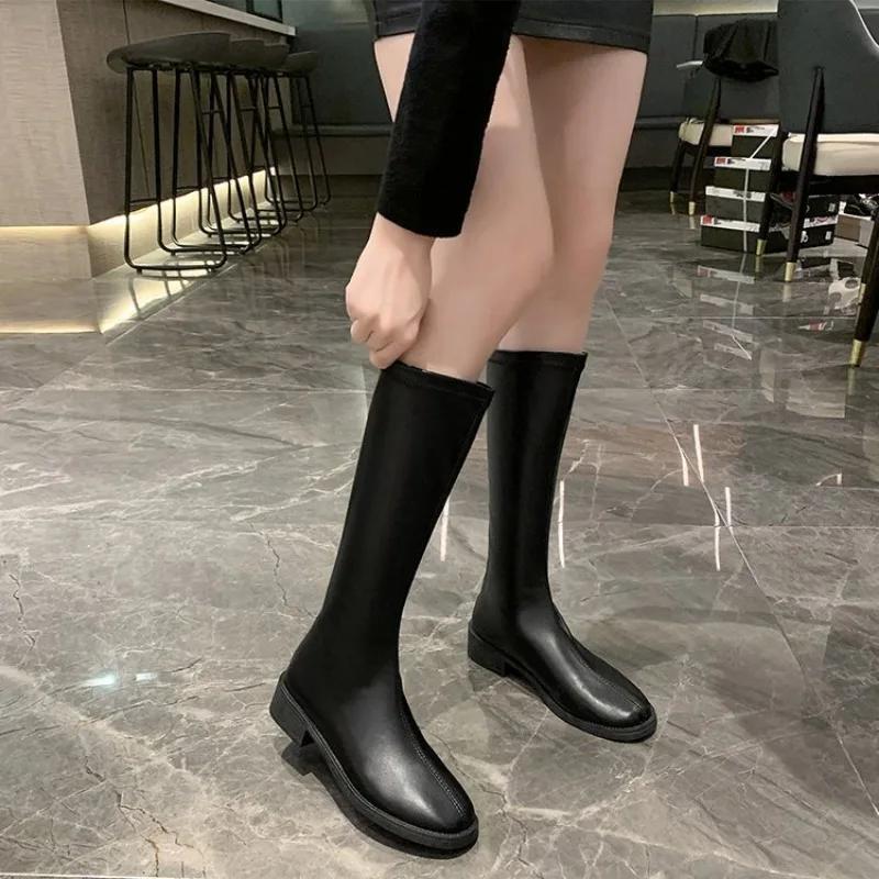 Large Size Long Leg Women's Boots Square Toe High Leg Flat Bottom Low Heel Zipper Knight Boots Platform Boots  Women Shoes