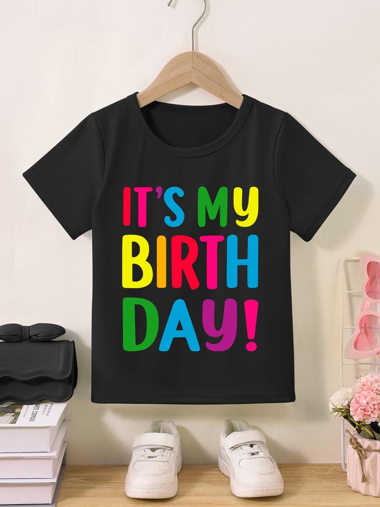 Today Is My Birthday Printed Childrens Roundneck Shortsleeved Tshirts and Casual Tops Girls Kids Clothes Modal Fabric