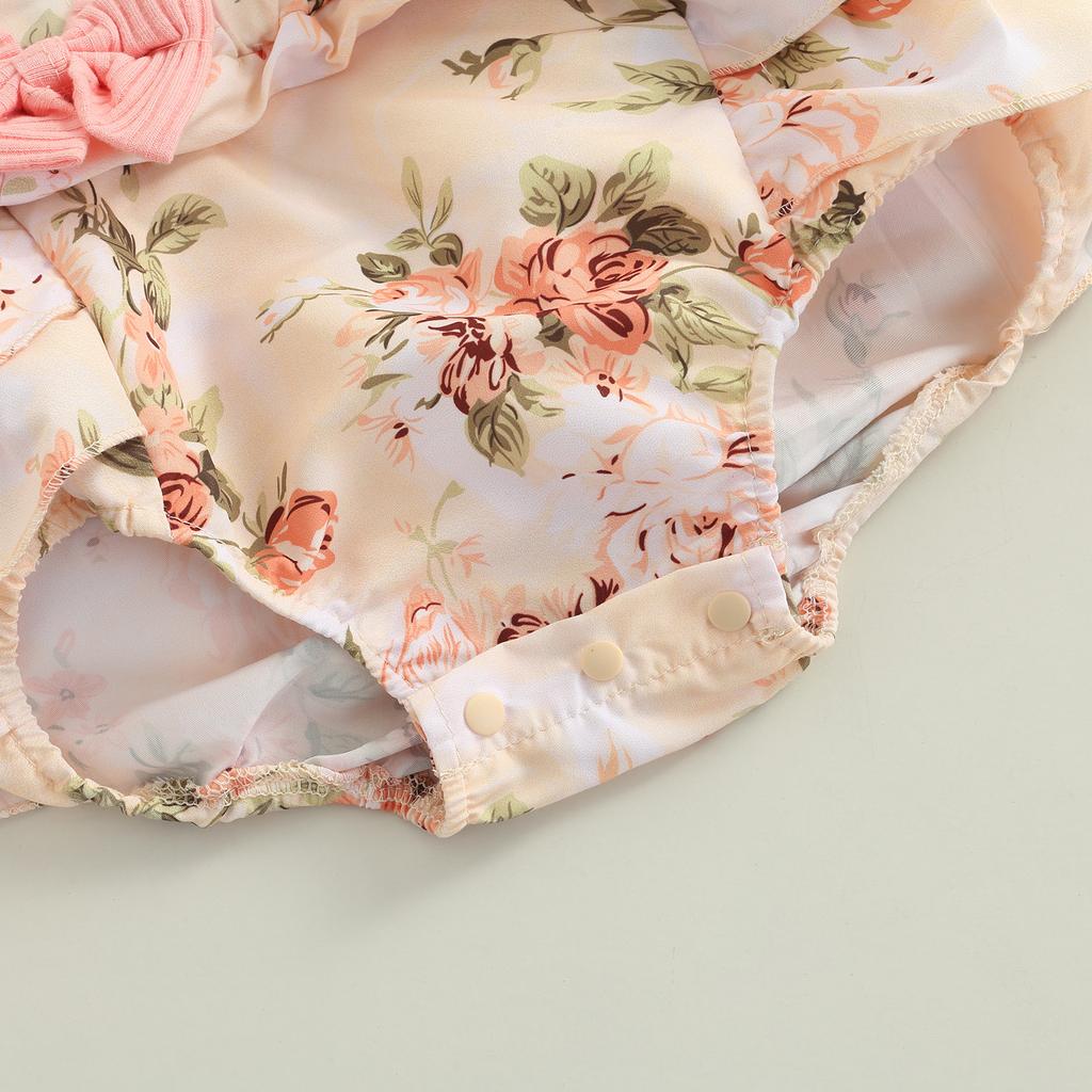 Baby Girls Two-piece Clothes Set, Pink Floral Printed Pattern Fly Sleeves Romper and Bow Knot Headdress, 0-18 Months