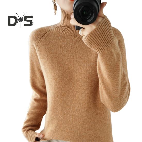 Women Sweater High Collar Long Sleeve Ribbed Trim Knitting Tops Solid Color Loose Fit Thickened Bottoming Tops