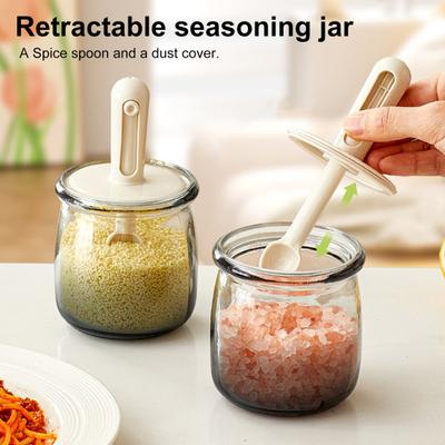 Barattoli di Vetro Ermetici per Spezie con Cucchiaino Retrattile Contenitore per Conservazione a Prova di Perdite e Umidità per Erbe Aromatiche Sale Pepe Organizzatori da Cucina Compatti