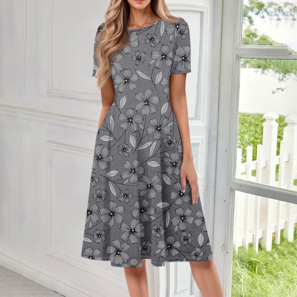 Dámské ležérní módní kulatý výstřih s krátkým rukávem a květinovým potiskem, midi šaty