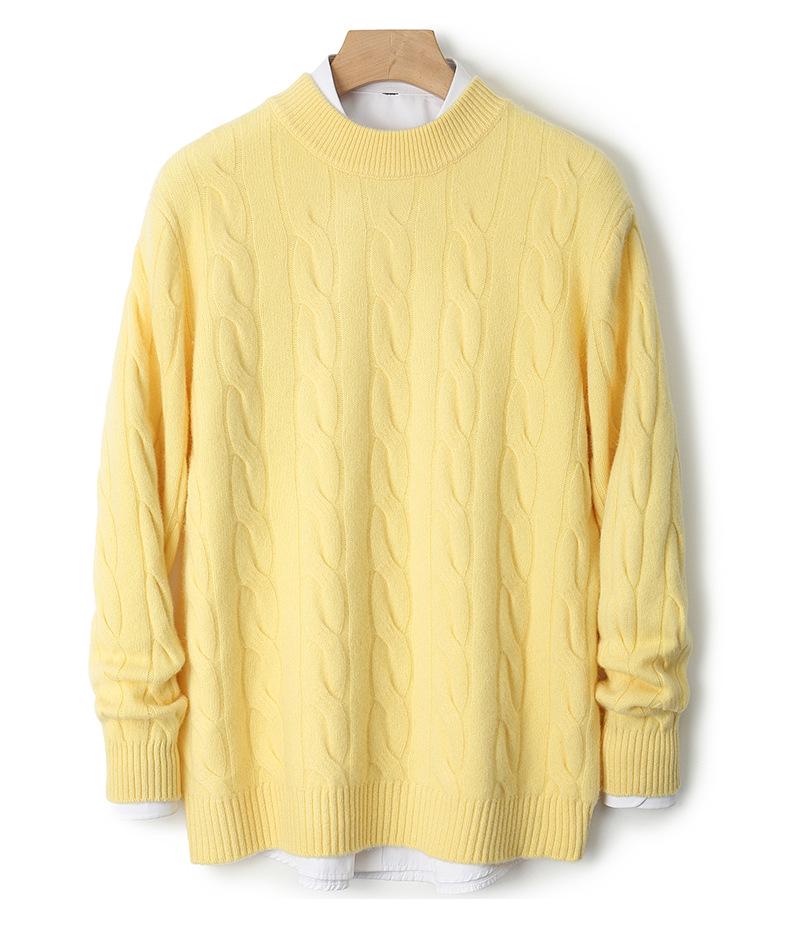 Men's Pure Wool Thick Cable Knit Sweater - Round Neck Solid Color for Autumn and Winter