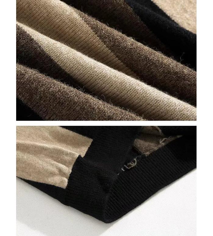 Men's Korean Style Striped V-Neck Autumn/Winter Loose Knit Color Block Pullover Sweater