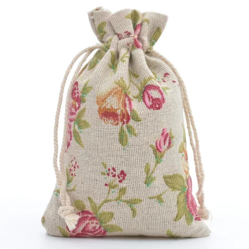 10pc Drawstring Cotton Linen Print Organizer 10x14/13x18cm Women Jewelry Cosmetics Cloth Bag Christmas Gift Bag Party Decoration