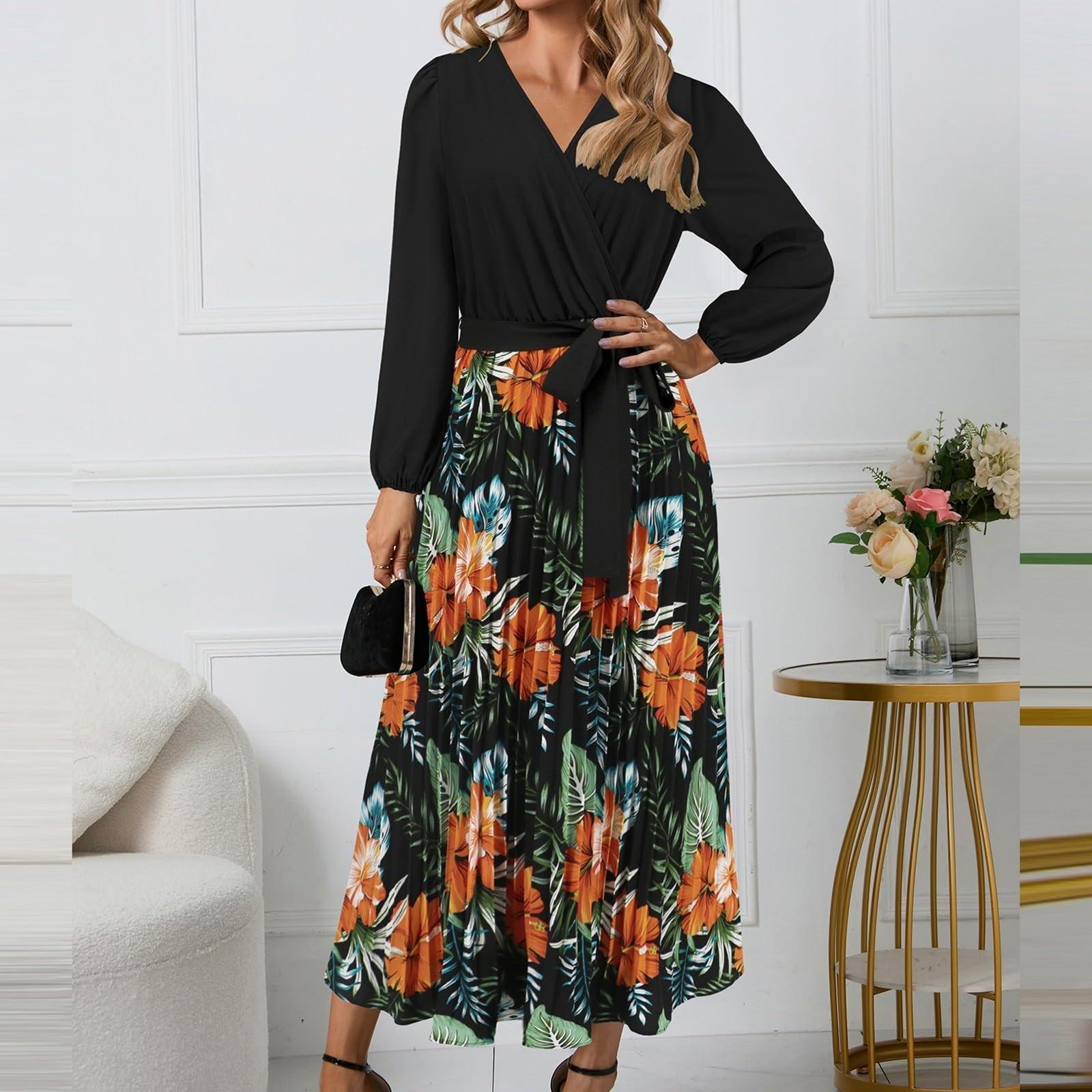 

Женское платье с V-образным вырезом, длинными рукавами, принтом и складками, юбка А-силуэта средней длины L чёрный