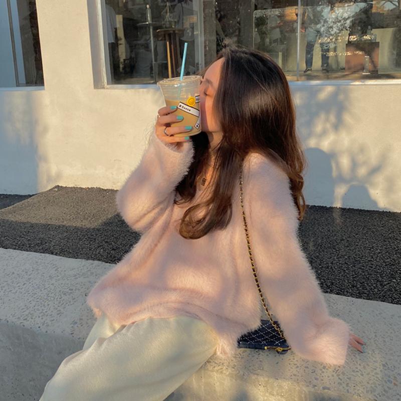 Fashion New Plush V-neck Pullover Sweaters for Women Autumn and Winter Loose Fit Mink Fur Casual Knitted Sweater Women Soft Warm Vintage Jumper 25778