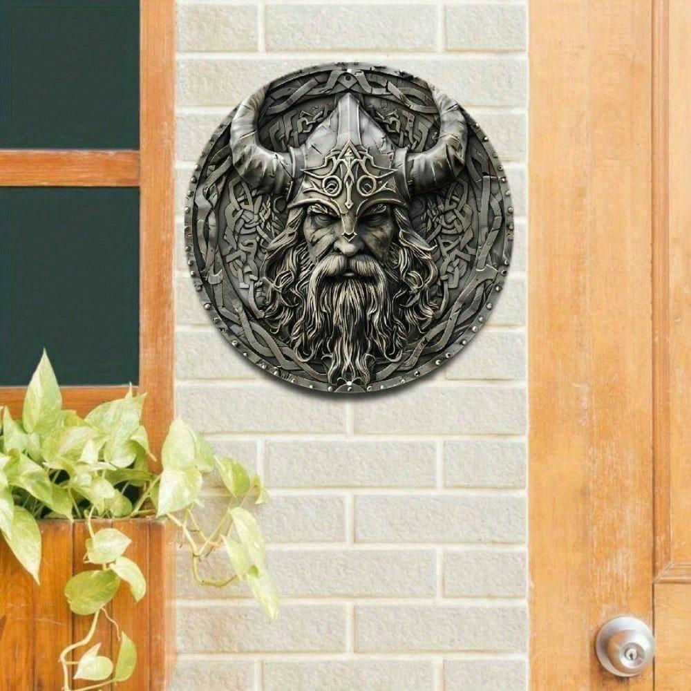 Vintage severský kovový nástěnný umělecký znak Kulatý hliníkový 2D plochý panel Viking válečník helma severská mytologie dekor