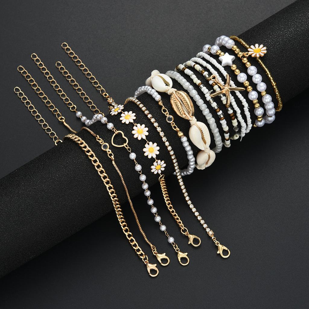 15PCS Bohemian Starfish Shell Rice Beaded Bracelets For Women Summer Gold White Color Daisy Pearl Bracelets Sets Beach Jewelry