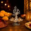 Silver Peacock Diya Stand with Hanging Bell | Pooja Diya Holder for Mandir, Temple, Festivals & Home Décor