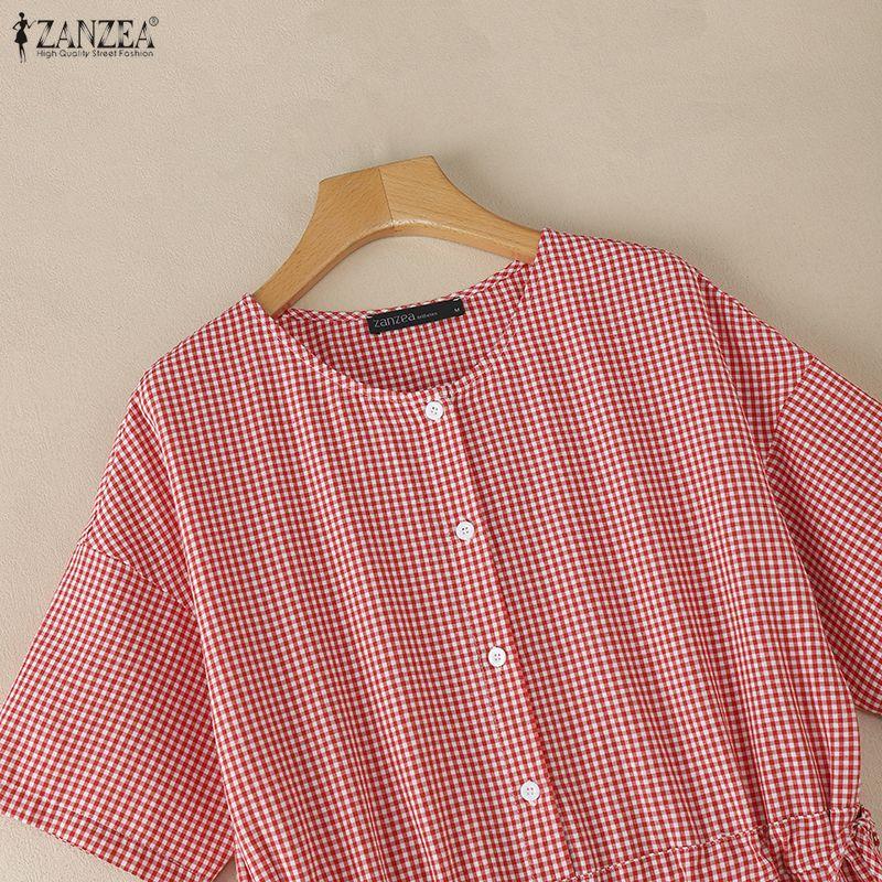 ZANZEA Women Casual Round Neck Short Sleeve Loose Grid Print Jumpsuits