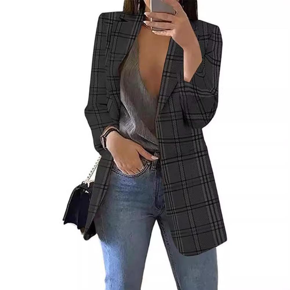 Women's Lapel Long Sleeve Plaid Print Slim Fit Blazer Elegant Commute Open Front Mid Length Suit Jacket For Spring Fall