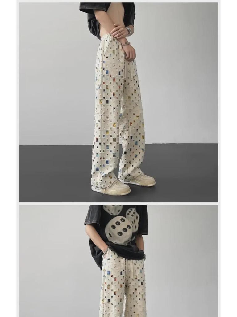 Men's Summer Plaid Casual Pants with Hollow Design - Loose, Straight, High-Street Style