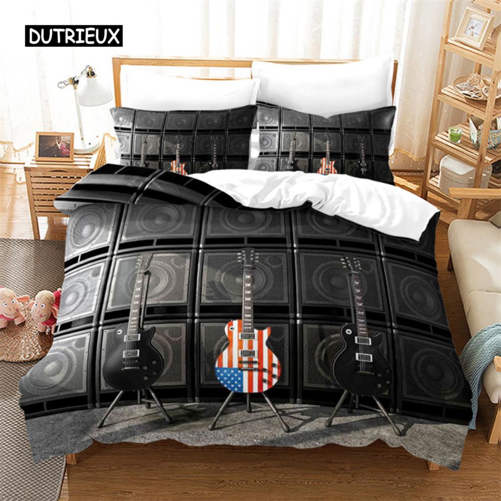 Guitar Queen Duvet Cover Rock Music Theme Bedding Set Grunge Color Splashed Brick Wall Background Electronic Guitar Mics Design