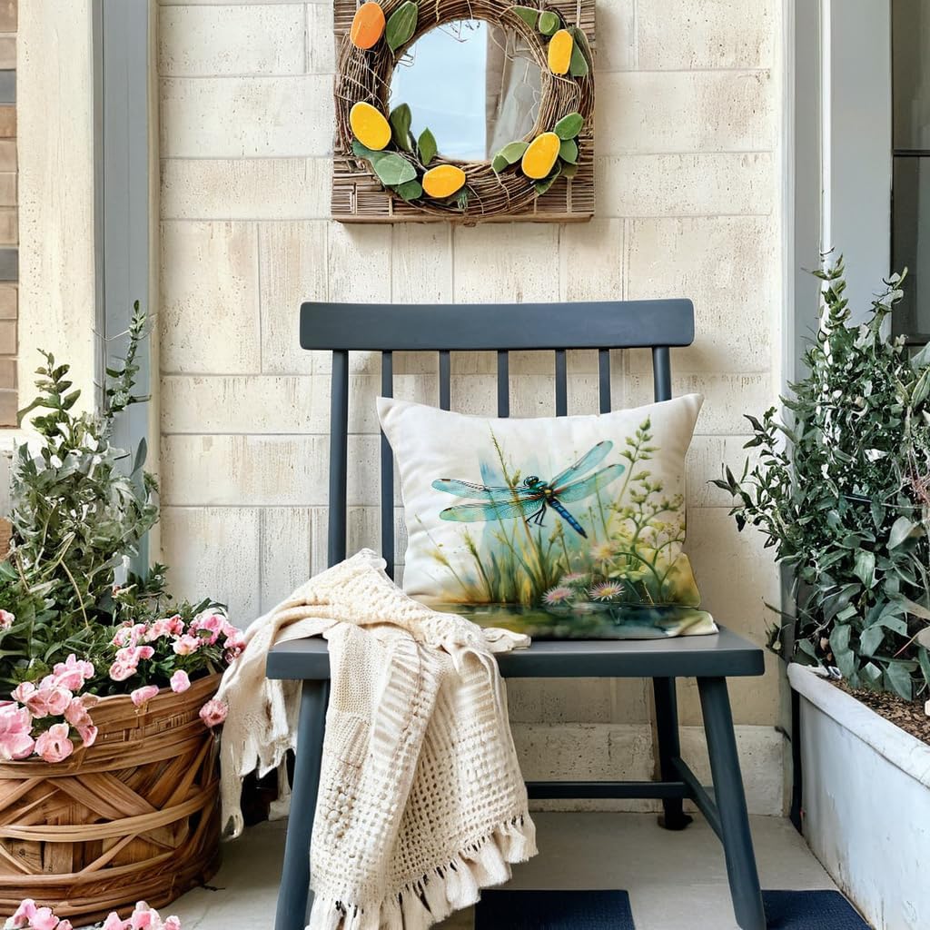 7COLORROOM Dragonfly Pillow Covers 18 X 18 Inch Wildflowers Color Dragonfly Cushion Covers Flower Holiday Rustic Farmhouse Decoration 2Pack for Sofa